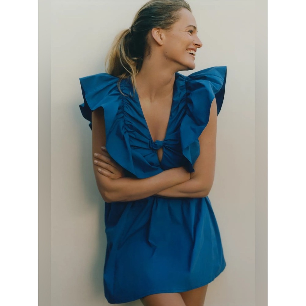 Anthropologie Blue Tassel Cobalt Blue Ruffle Waistless Mini Dress Size Small NWT